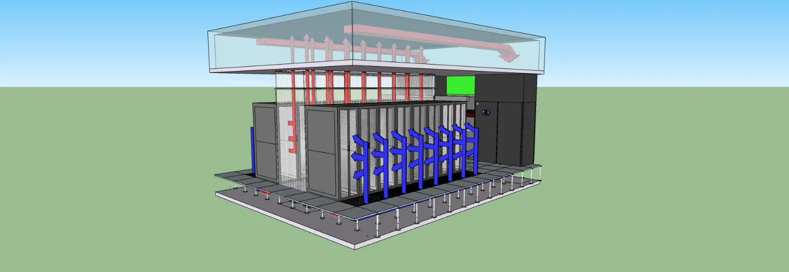 Veri merkezi modernizasyonu için hazırlanmış teknik yerleşim planı eskizi, sunucu odaları, koridorlar ve altyapı alanlarını gösteriyor.